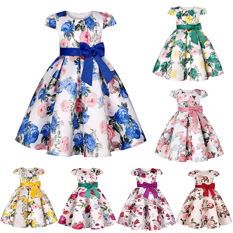 Kids Girls' Dress Flower Dress Flower Short Sleeve Anniversary Party Tie Knot Bow Adorable Princess Sweet Polyester Knee-length Skater Dress Pleat Dress Floral Dress Summer Spring 4-13 Years