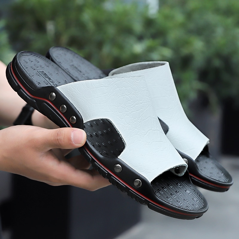 Men's Casual Open-Toe Slides – Comfortable Breathable Leather Sandals with Durable Rubber Sole, Ideal for Outdoor, Beach, and Everyday Wear 17
