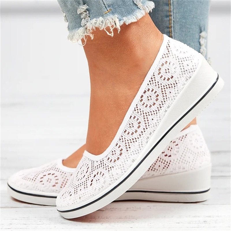 Women's White Lace Slip-On Wedge Sneakers – Breathable Casual Mesh Flats, Lightweight Summer Walking Shoes for Daily Wear