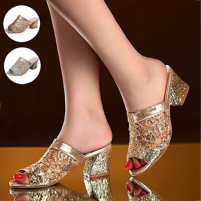 Women's Glitter Gold Lace Chunky Heel Mules – Elegant Peep-Toe Slip-On Sandals for Party and Evening Wear 2025 - $26.99
