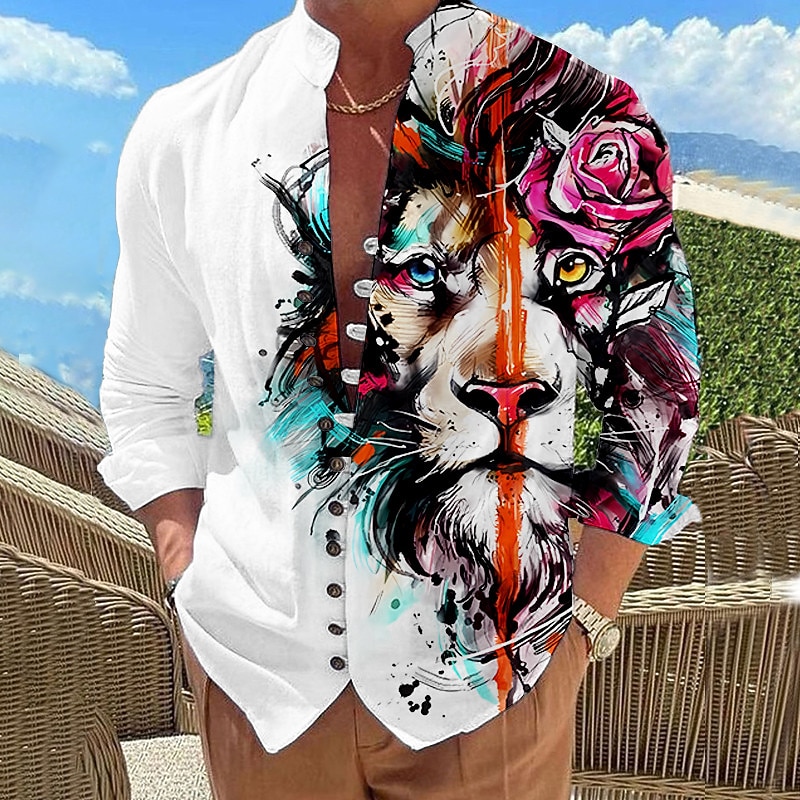 Men's Animal Lion Shirt Button Up Shirt Long Sleeve Fashion Designer Casual Vacation Daily Going out Fall Autumn / Fall Spring & Summer Stand Collar Print Black Yellow Pink Blue Purple