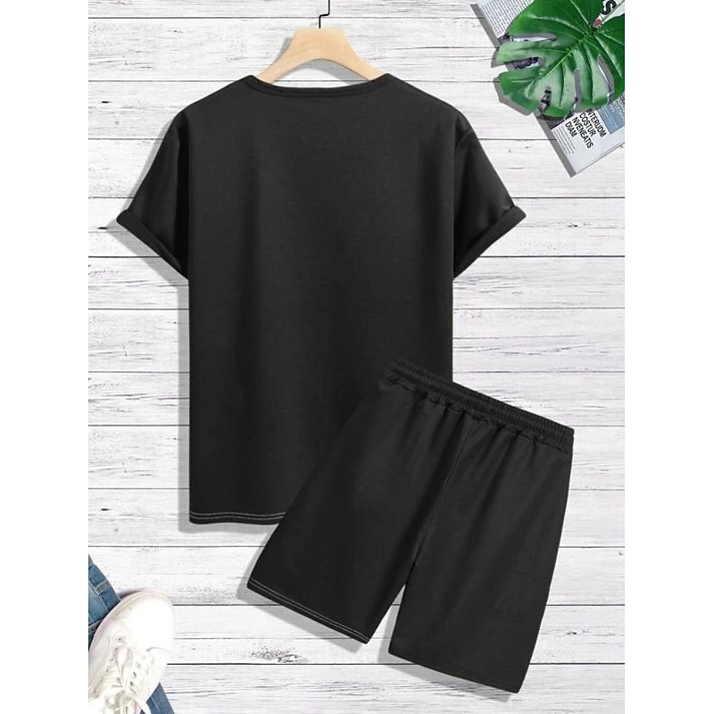 Men's T-shirt Suits Tee & Drawstring Waist Pants Short Sleeves Crew Neck Summer Gymnatics Casual Color Block Street Style Vacation Daily Wear Activewear Army Green Black Yellow Top Tee for Men2