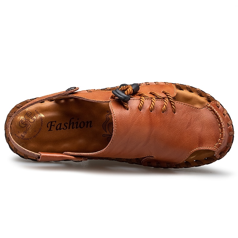 Men's Microfiber Leather Sandals Black Summer Sandals Slippers Handmade Shoes Flat Sandals Plus Size Casual Outdoor Vacation Beach Breathable Elastic Band Shoes Red Brown Yellow brown4