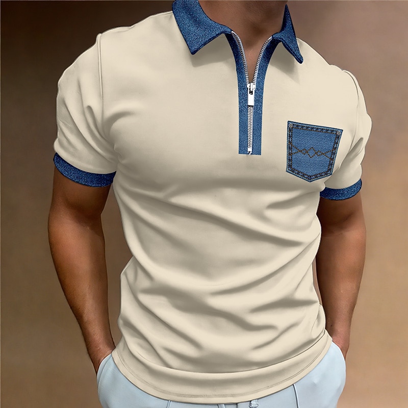 Men's Polo Shirt Golf Shirt Casual Holiday Lapel Quarter Zip Short Sleeve Fashion Basic Color Block Quarter Zip Summer Regular Fit Black White Blue Beige Gray Polo Shirt3