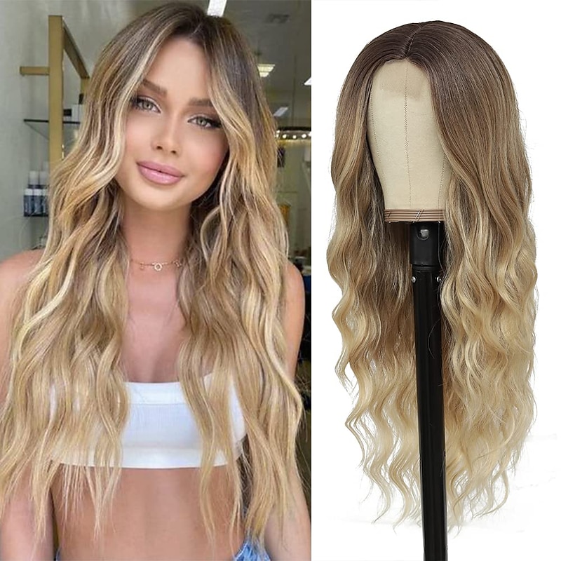 Long Ombre Blonde Wigs for Women 26 inch Long Wavy Middle Part Wig Ombre Blonde Wigs Upgraded Protein Fiber Natural Looking Hair Replacement Wig Cosplay Costume Halloween Wig barbiecore Wigs