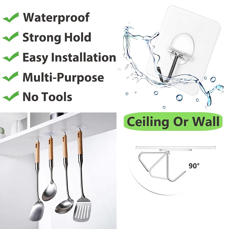 Adhesive Hooks for Hanging Heavy Duty Wall Hooks Self Adhesive Towel Coat Hooks Waterproof Transparent Hooks for Bathroom Shower Kitchen Keys Door Outdoor Home Improvement Utility Hook2