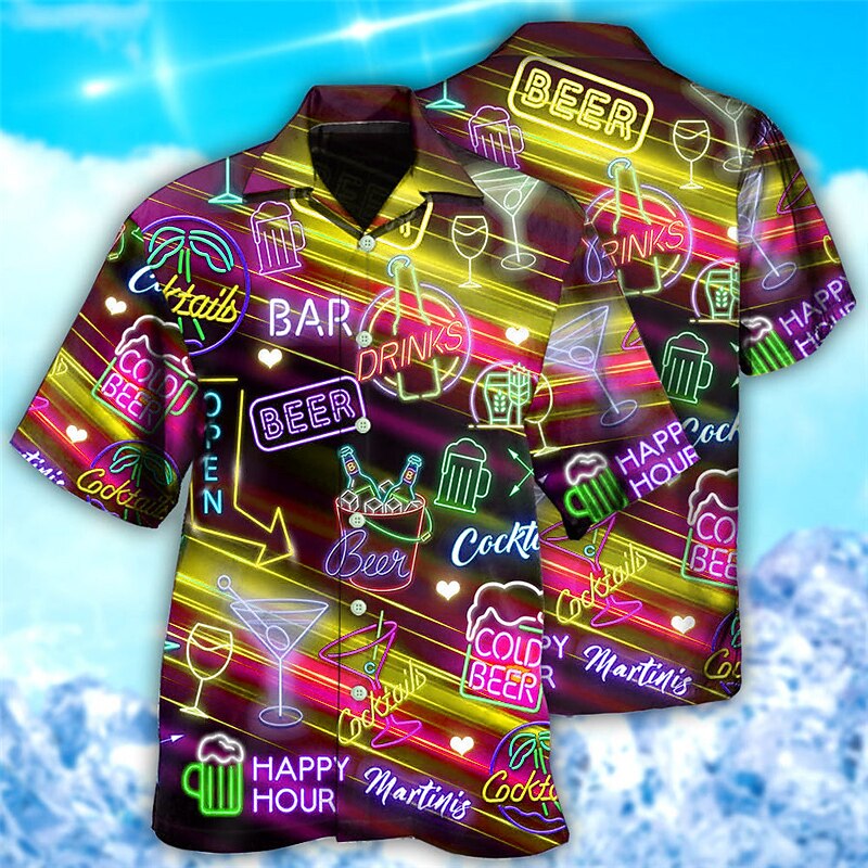 Men's Beer Colorful Letters Shirt Summer Hawaiian Shirt Aloha Shirt Short Sleeve Shirt Turndown Tropical Fashion Hawaiian Casual Hawaiian Holiday Yellow Blue Purple S M L4