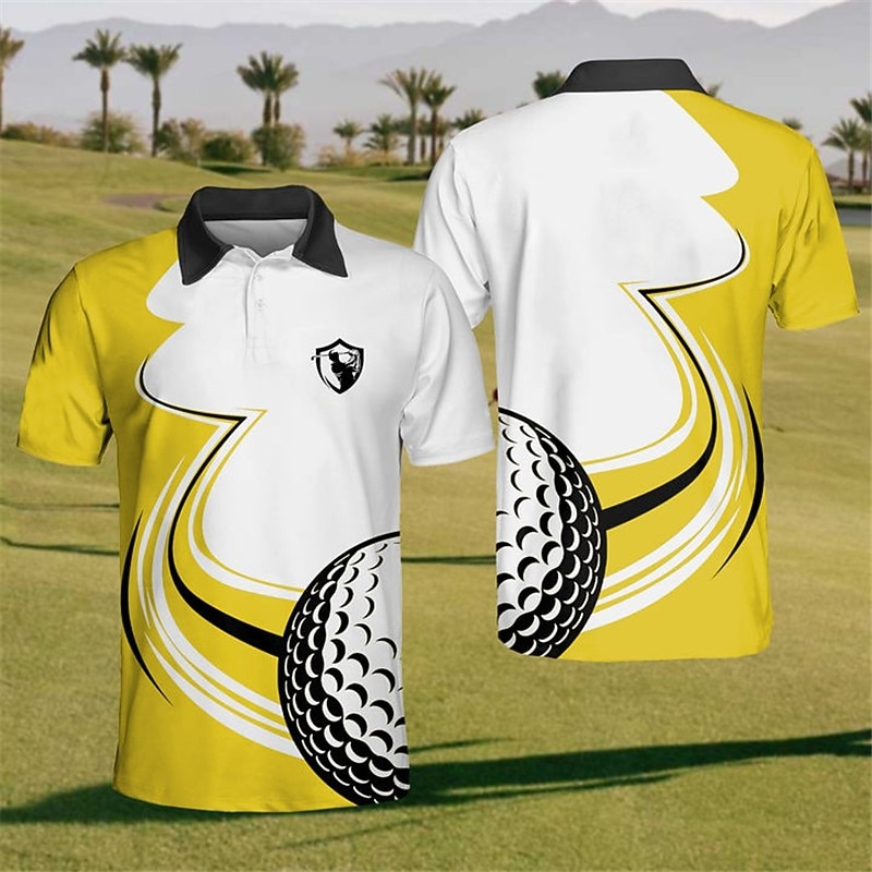 Men's Striped Sports Polo Shirts Golf Shirt Short Sleeve Polo Shirts Collared Shirts Casual Sportswear Vacation Wear Buttons 3D Print Light Yellow Black Yellow3
