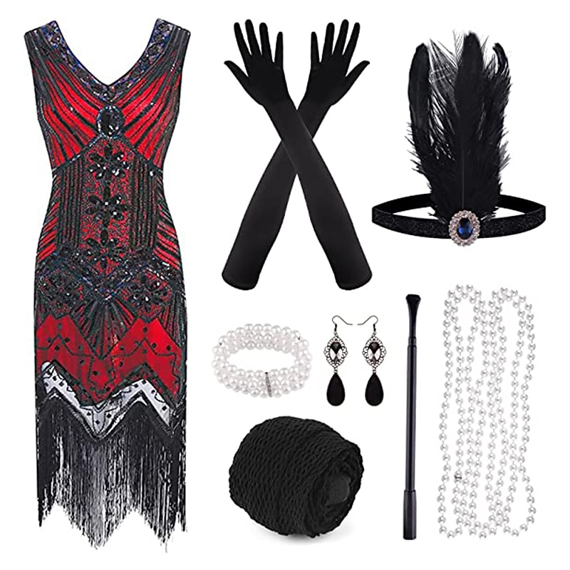 Retro Vintage Roaring 20s 1920s Flapper Dress Dress Outfits The Great Gatsby Wedding Guest Sequins Tassel Fringe Fancy Dress Women's Party / Evening Masquerade Wedding Reception Adults' Dress Gloves3