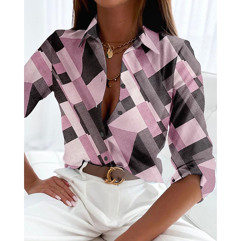 Women's Shirt Button Down Tunic Shirt Collar Long Sleeve Elegant Vintage Fashion Geometric s Print Regular Tops Casual Pink Blue Green Khaki Gray Spring Fall2