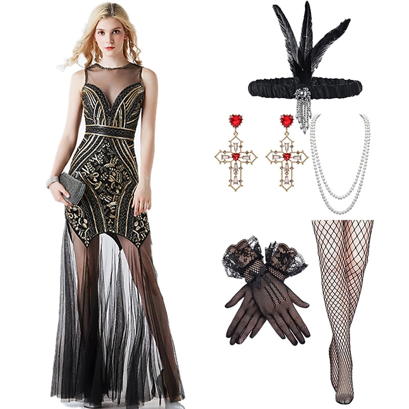 Retro Vintage Roaring 20s 1920s Long Length Flapper Dress Cocktail Dress Flapper Headband Sleeveless Wedding Guest Sequins Sequin Round Neck Fancy Dress Women's Carnival Valentine's Day Wedding Party