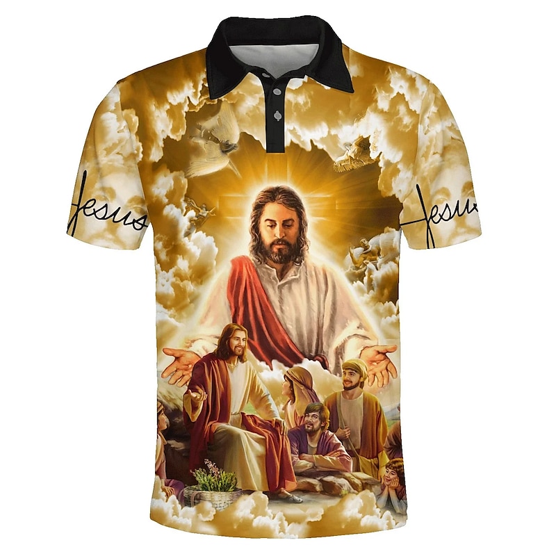 Men's Graphic Prints Easter Jesus Polo Shirt Golf Shirt Short Sleeves Shirt Turndown Outdoor Street Yellow Pink Blue Green Print Button-Down Clothing Apparel Fashion Designer Casual Breathable3