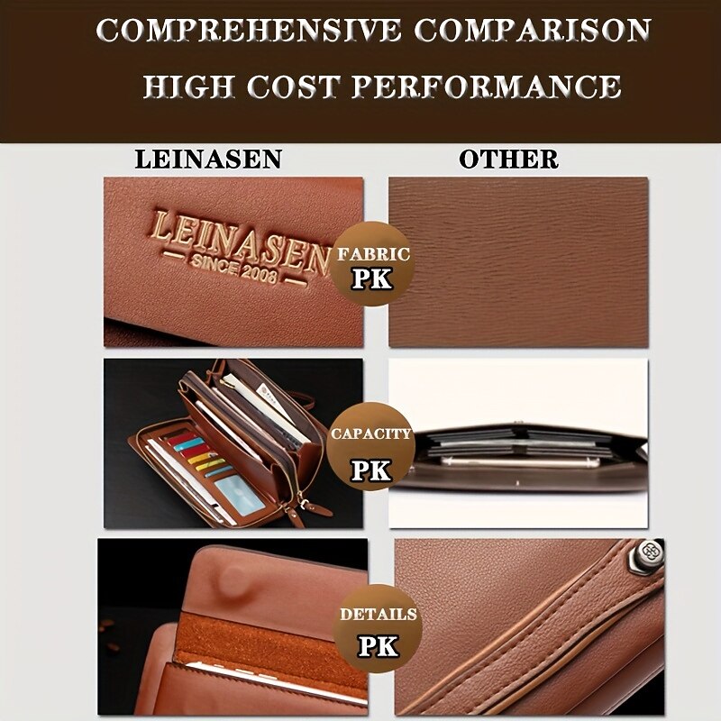 Men's Black Faux Leather Clutch Wallet – Large Capacity Zippered Business Handbag with Card Slots and Coin Pocket for Office, Travel, and Formal Occasions3