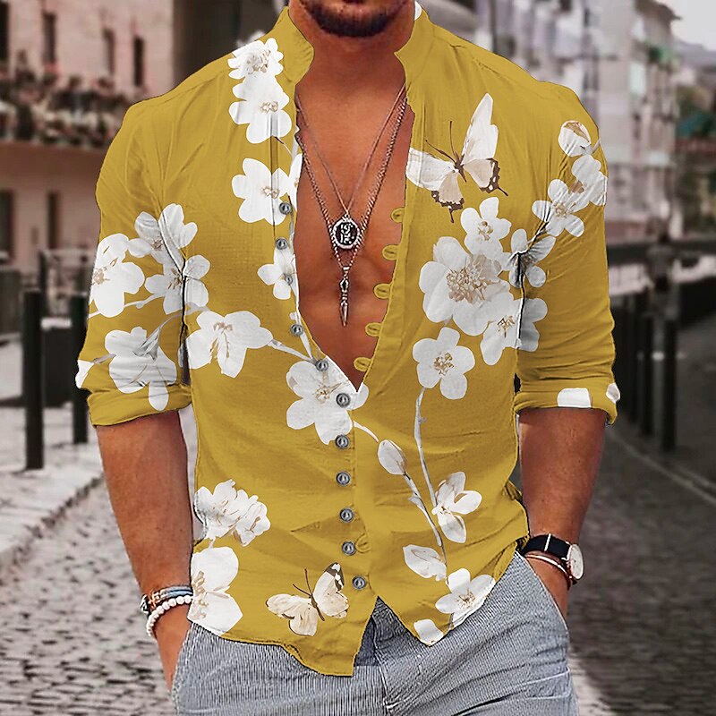 Men's Floral Butterfly Tropical Flowers Shirt Summer Hawaiian Shirt Aloha Shirt Long Sleeve Shirt Stand Collar Fashion Streetwear Designer Outdoor Street Casual Light Yellow Yellow Red S M L4