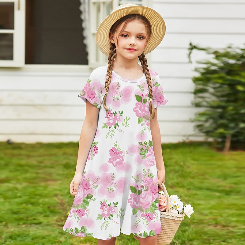 Easter Girls' 3D Floral Animal Butterfly Dress Short Sleeve 3D Print Summer Spring Vacation Daily Holiday Cute Casual Sweet Kids 3-12 Years A Line Dress Above Knee Regular Fit2