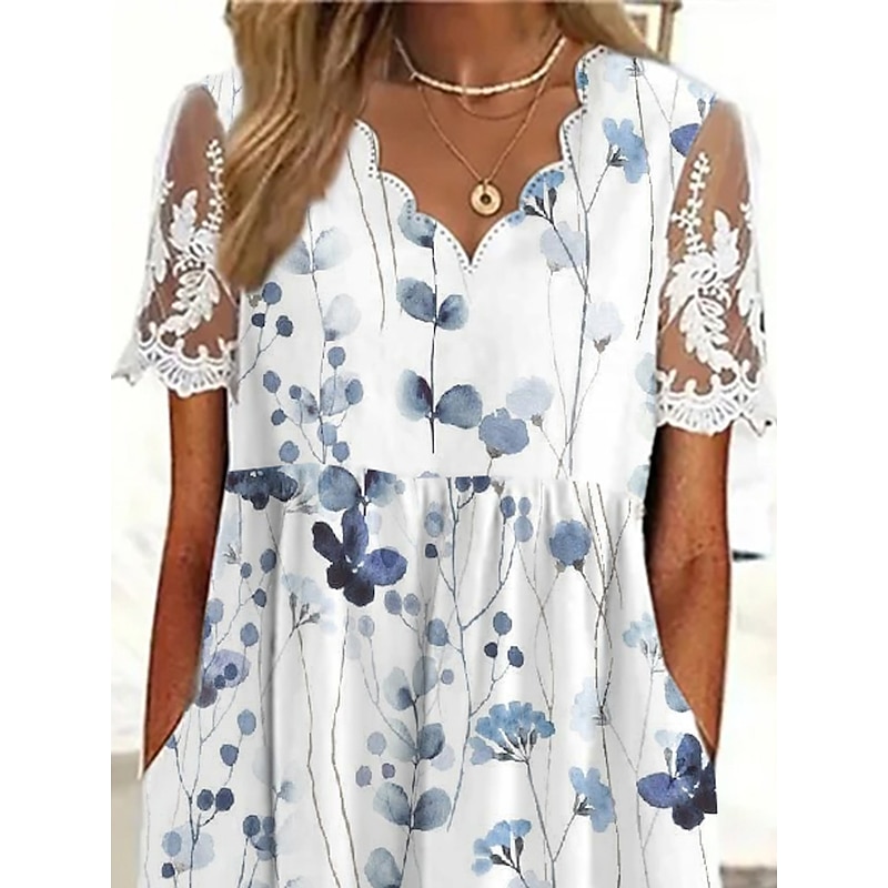 Women's Midi Dress A Line Dress Summer Dress Print Dress Fashion Modern Lace Sleeve Outdoor Vacation Daily Regular Fit Floral Short Sleeve Scalloped Neck White Spring Fall2