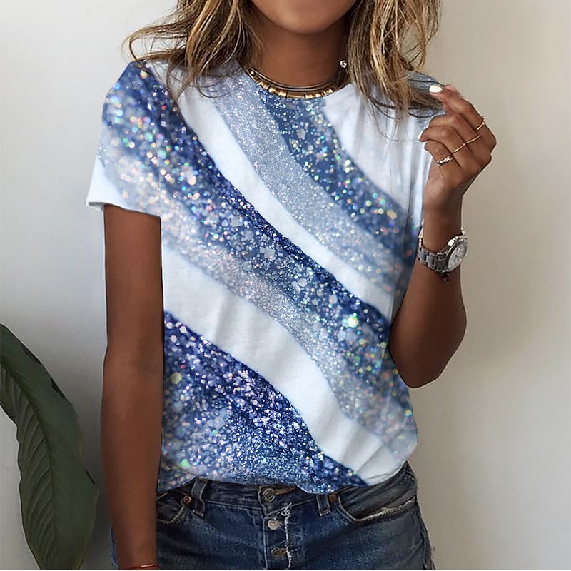 Women's T Shirt Basic Print Short Sleeve Regular Tops Round Neck Daily Weekend Yellow Pink Blue Green Gray2