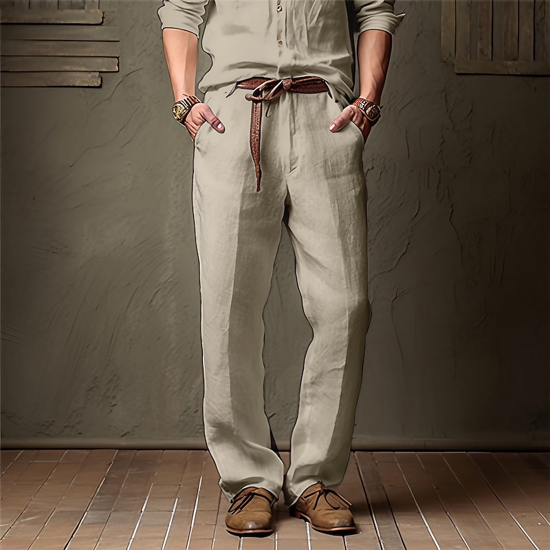 Men's Linen Pants Trousers Summer Pants Beach Pants Pocket Straight Leg Plain Comfort Breathable Casual Daily Holiday Fashion Classic Style White Khaki