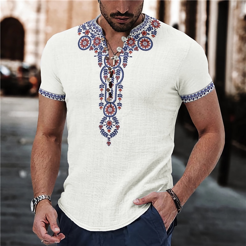 Men's Floral Ethnic Shirt Linen Shirt Button Up Shirt Short Sleeve Fashion Streetwear Designer Outdoor Casual Daily Spring & Summer Stand Collar Print Yellow Red Blue Green Gray2