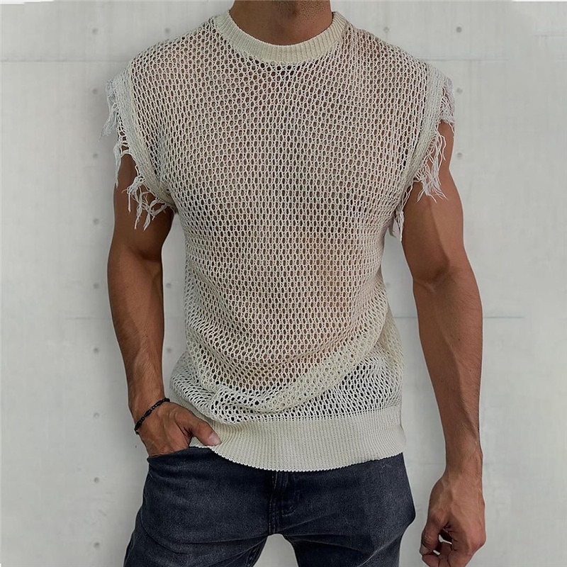 Men's Tank Top Vest Top Undershirt Sleeveless Shirt Sleeveless Crew Neck Summer Plain Fashion Designer Muscle Mesh Knitted Outdoor Going out Gym White Khaki Army Green Top Tee for Men3