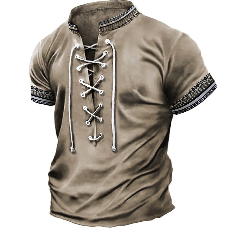 Men's T Shirt Graphic Tribal Stand Collar Clothing Apparel 3D Print Daily Sports Going out Short Sleeve Lace up Print Polyester Vintage Fashion Designer