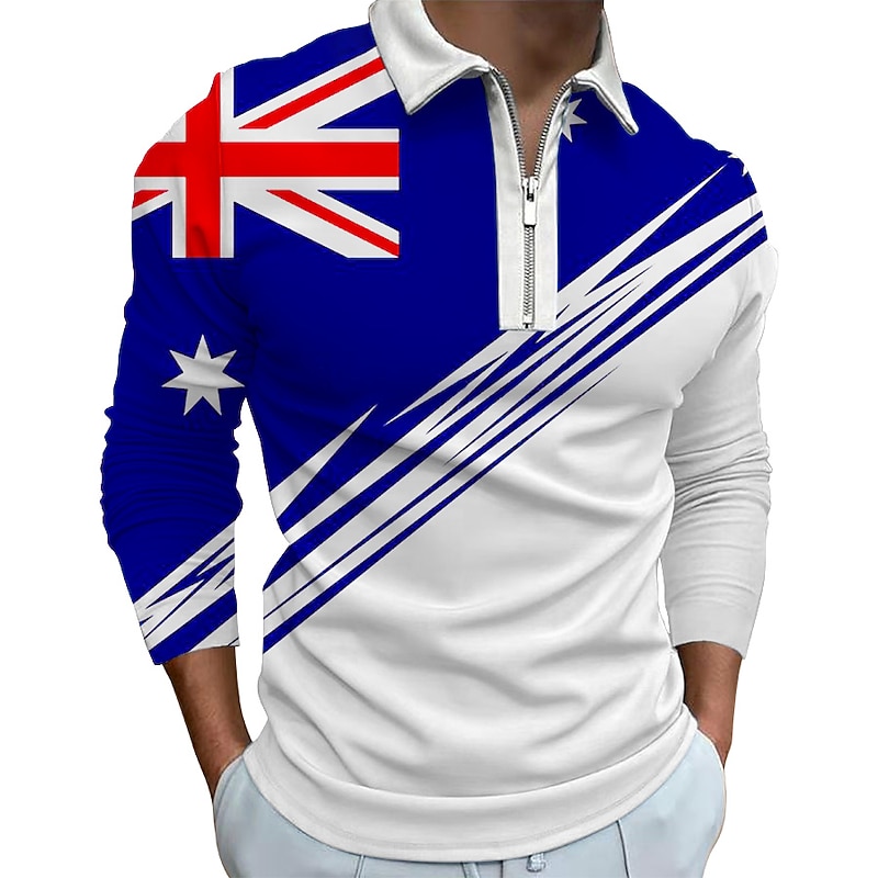 Men's Veterans Patriotic Zip Polo Shirts Golf Shirt Long Sleeve Polo Shirts Collared Shirts Casual Streetwear Vacation Wear Party Outfits 3D Print Quarter Zip Polo White & Blue Black White4