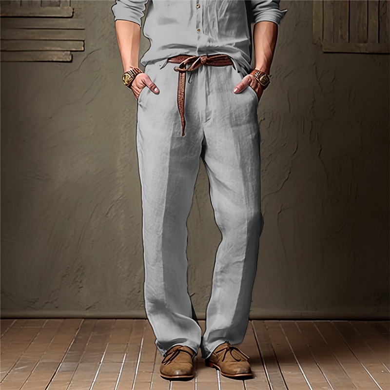 Men's Linen Pants Trousers Summer Pants Beach Pants Pocket Straight Leg Plain Comfort Breathable Casual Daily Holiday Fashion Classic Style White Khaki3