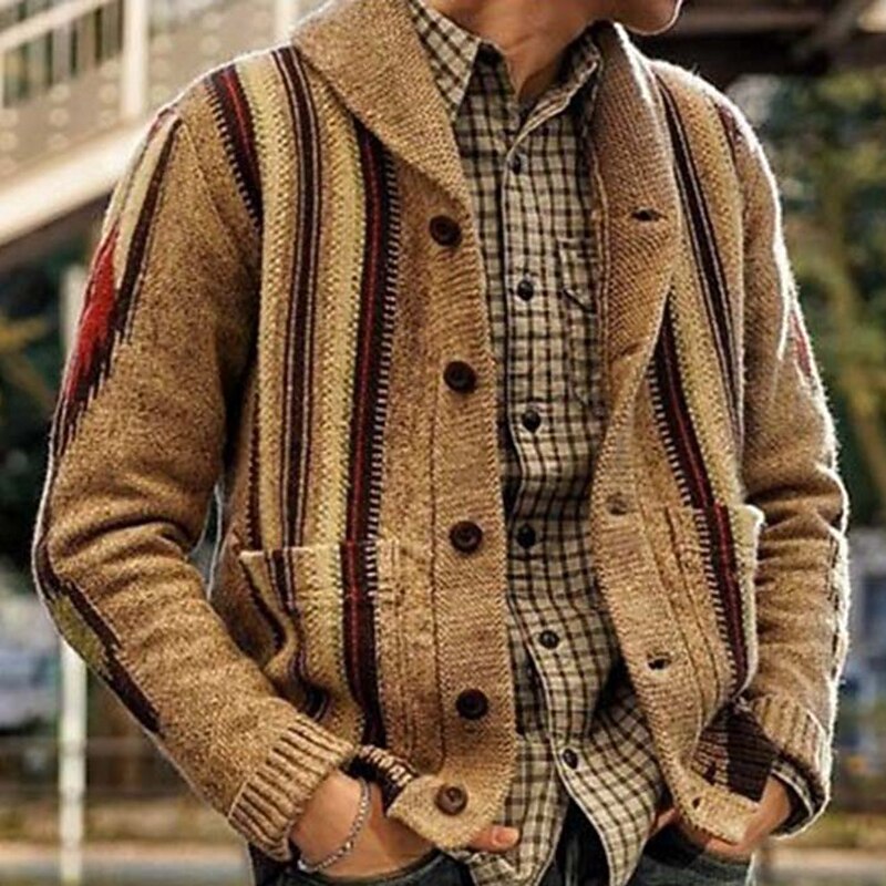 Male Cardigan Sweater Cardigan Sweater Jacket Chunky Knit Regular Jacquard Shawl Collar Daily Wear Clothing Apparel Fall Winter khaki M L XL