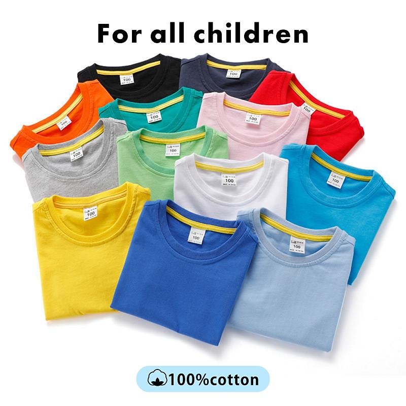 Kids Boys T shirt Tee Solid Color Short Sleeve Crewneck 100% Cotton Children Top School Neutral Daily Basic Summer Light Blue 3-13 Years