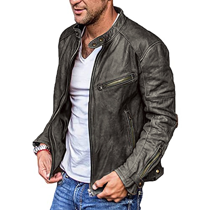 Men's Faux Leather Jacket Biker Jacket Red Leather Jacket Motorcycle Jacket Business Causal Thermal Warm Rain Waterproof dark brown Black Red Wine Brown Jacket4