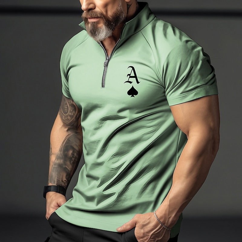 Men's Graphic Prints Poker Polo Shirt Zip Polo Golf Shirt Short Sleeves Shirt Turndown Outdoor Street White Blue Green Khaki Gray Zipper Print Clothing Apparel Fashion Designer Casual Breathable