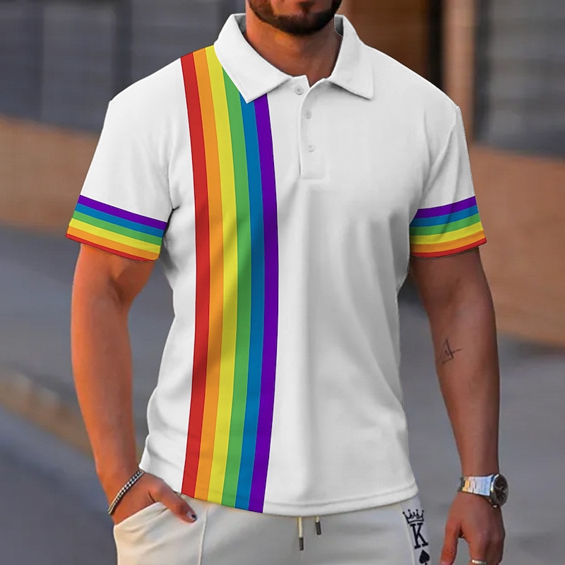 Men's Rainbow Polo Shirts Golf Shirt Short Sleeve Polo Shirts Collared Shirts Business Casual Vacation Wear Formal Wear Festival Wear 3D Print Buttons Black White Blue2