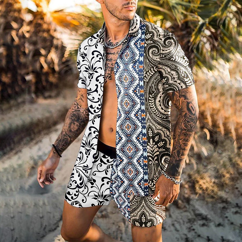 Men's Floral 2pcs Shirts Sets Summer Hawaiian Shirt Short Sleeve Short Pants Turndown Tropical Fashion Hawaiian Casual Holiday Beach Print Summer Spring Black White Yellow4