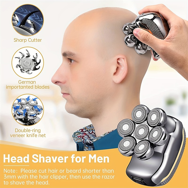 Men's Electric Head Shaver Razor - Rechargeable Cordless Hair Shaving Razors For Bald Man 6 In 1 Waterproof Wet Dry Beard Trimmer Body Hair Cutting Clipper Grooming Kit 7 Rotary Heads2
