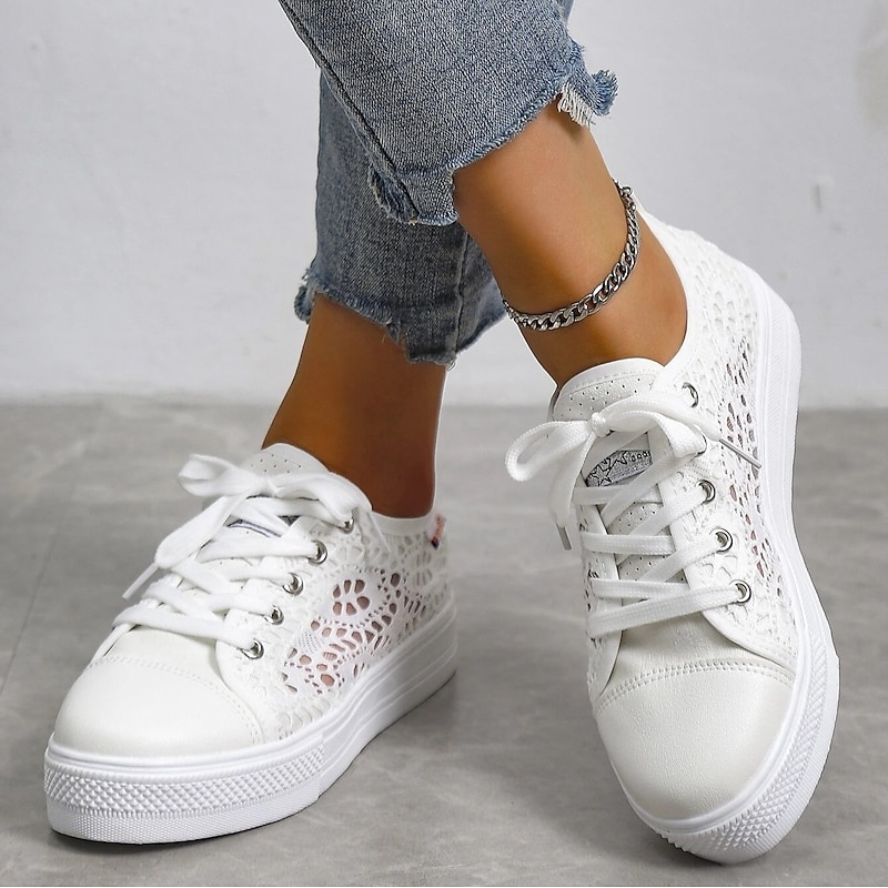Women's White Lace Sneakers with Comfortable Sole and Lace-Up Design - Casual, Breathable Shoes for Everyday Wear