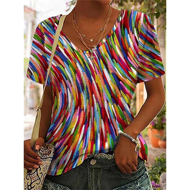 Women's T Shirt Graphic Basic Short Sleeve V Neck Regular Tops Daily Weekend Print Red Blue Green