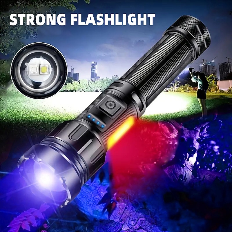 USB Rechargeable Flashlight Black Light - White/UV/Red Tactical Torch with Magnetic Base for Camping, Hunting & Pet Urine Detection