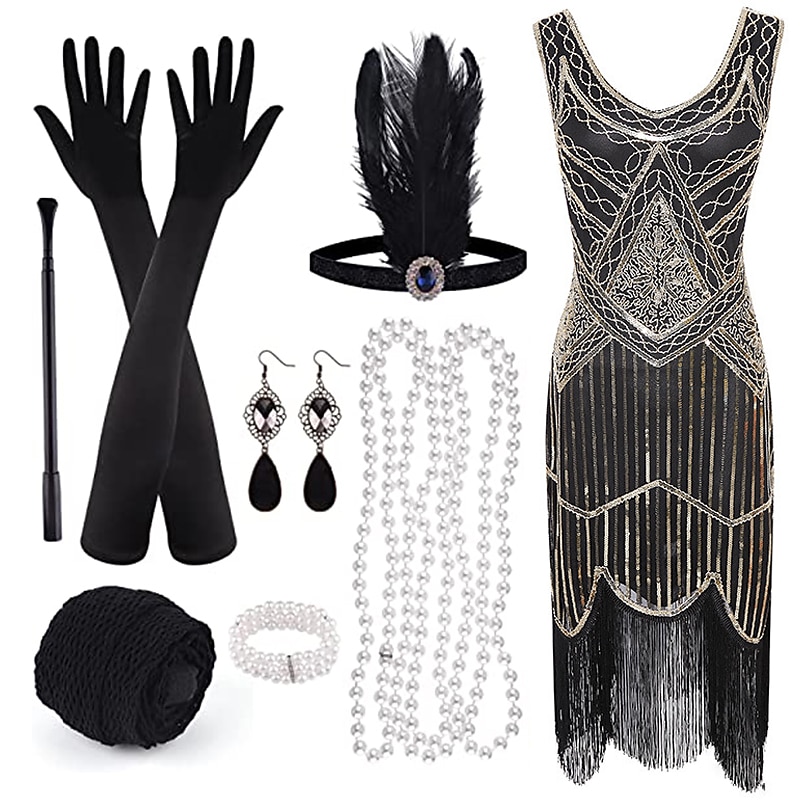 Retro Vintage Roaring 20s 1920s Flapper Dress Dress Outfits The Great Gatsby Sequins Tassel Fringe Fancy Dress Women's Party / Evening Masquerade Adults' Dress Gloves Stockings Spring & Summer All