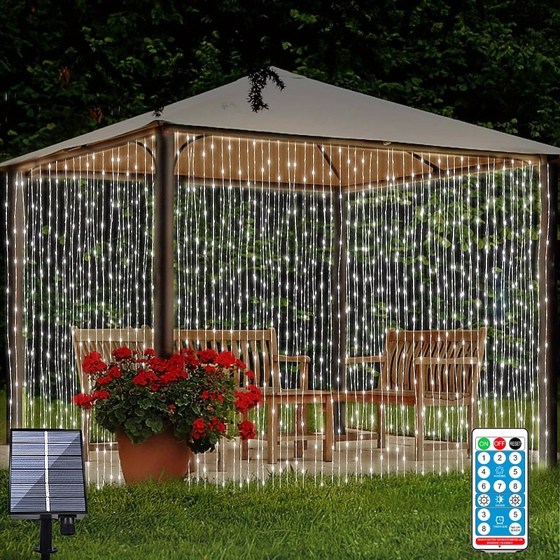 3*3M 300 LEDs Solar Curtain Light Outdoor Remote Control Light 8 Lighting Modes Fairy Lights IP65 Waterproof Leather Thread Lights Christmas Party Wedding Home Bedroom Garden Wall Decor3