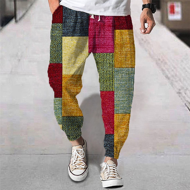 Men's Joggers Trousers Summer Pants Beach Pants Drawstring Elastic Waist 3D Print Color Block Graphic Prints Geometry Comfort Breathable Sports Outdoor Casual Daily Streetwear Designer Yellow Green