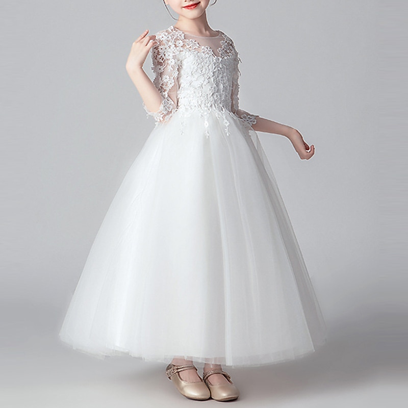 Kids Girls' Flower Girl Dress Dress Party Dress Solid Color 3/4 Length Sleeve Performance Wedding Party Lace Mesh Fashion Adorable Princess Polyester Maxi Lace Dress Party Dress Swing Dress Summer3