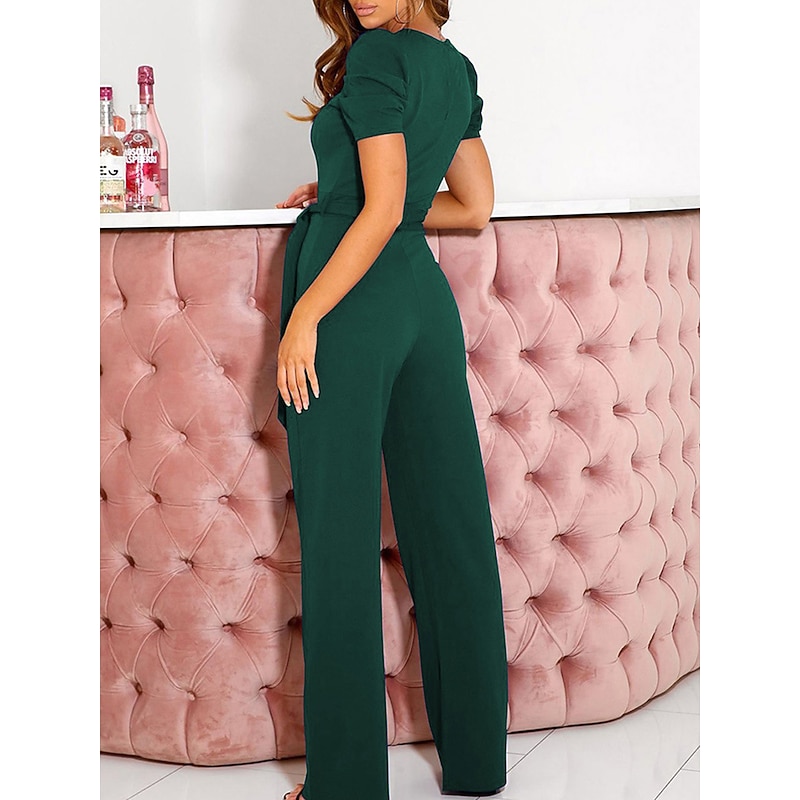 Women's Normal Jumpsuit Elegant Solid Color Short Sleeve V Neck Lace up High Waist Wedding Office Regular Fit Black Army Green Red Summer3
