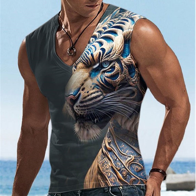 Men's Graphic Animal Tank Top Vest Top Sleeveless T Shirt for Men Sleeveless T shirt 3D Print V Neck Shirt Designer Casual Muscle Sports Running Gym Black Blue Dark Blue Spring & Summer Clothing3
