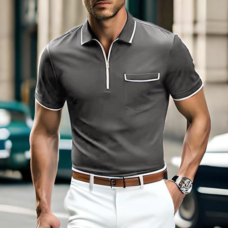 Men's Zip Polo Golf Shirt Casual Holiday Lapel Quarter Zip Short Sleeve Fashion Basic Plain Quarter Zip Summer Regular Fit Black Blue Orange Green Gray Zip Polo2