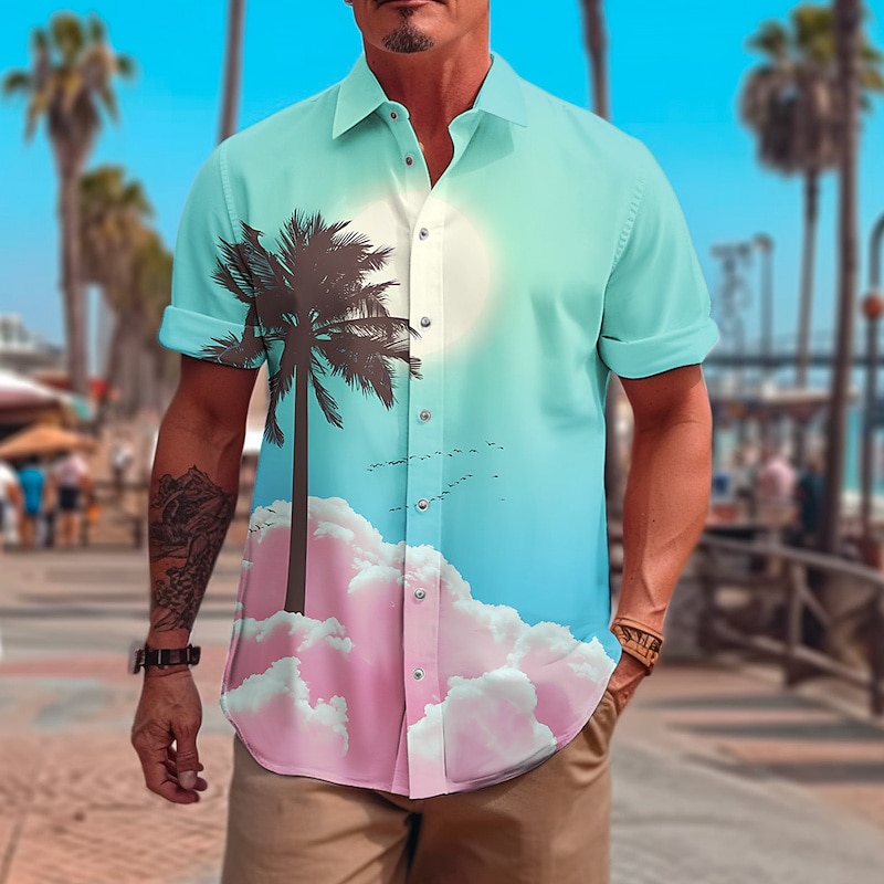 Men's Coconut Tree Tropical Plants Summer Hawaiian Shirt Aloha Shirt Short Sleeve Shirt Turndown Tropical Fashion Hawaiian Outdoor Vacation Street Dark purple Pink Light Purple S M L3