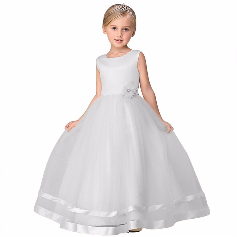 Kids Girls' Dress Party Dress Solid Color Sleeveless Formal Wedding Special Occasion Mesh Fashion Adorable Princess Cotton Maxi Party Dress Swing Dress A Line Dress Summer Spring 3-12 Years White3