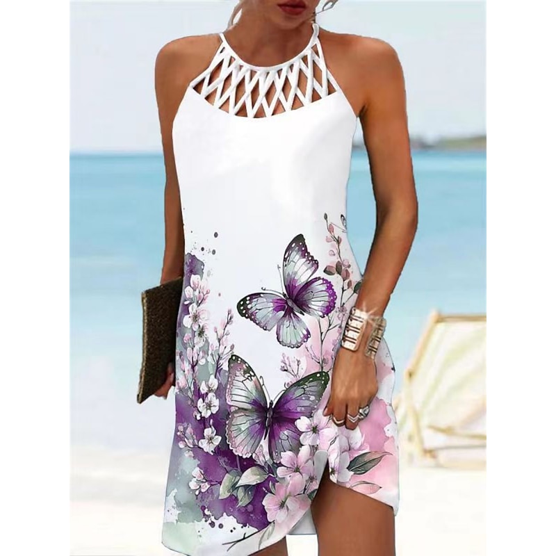 Women's Floral Cut Out Print Halter Neck Mini Dress Daily Vacation Sleeveless Summer Spring3
