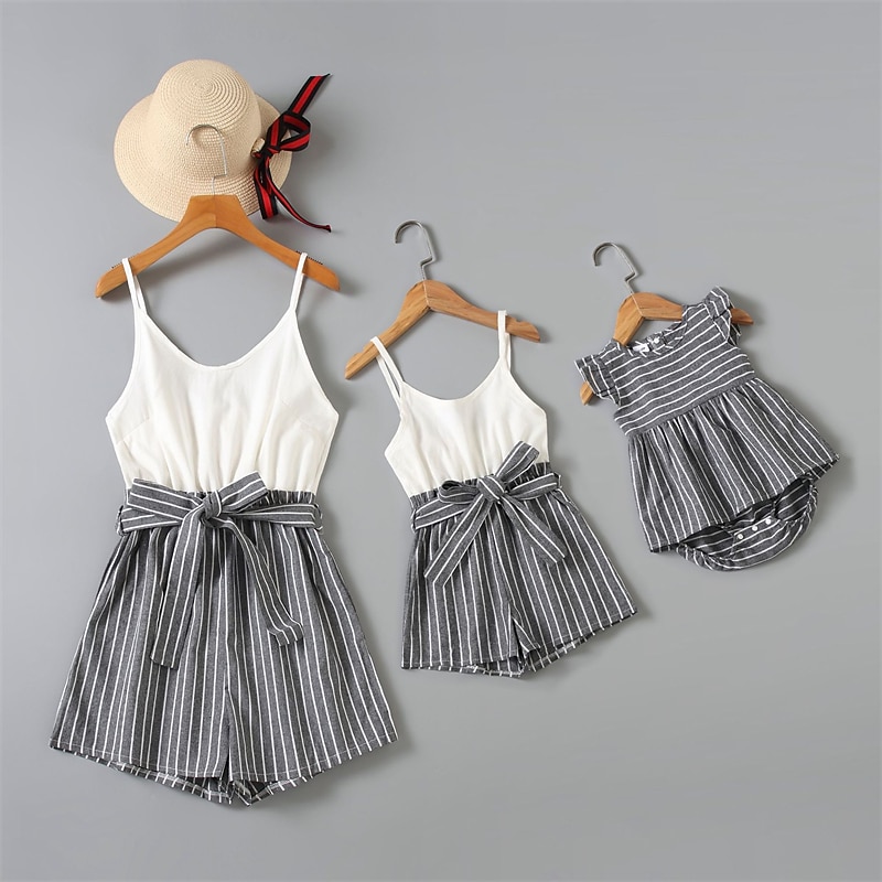 Mommy and Me Jumpsuits Stripe Outdoor Backless Gray Sleeveless Mini Vacation Matching Outfits