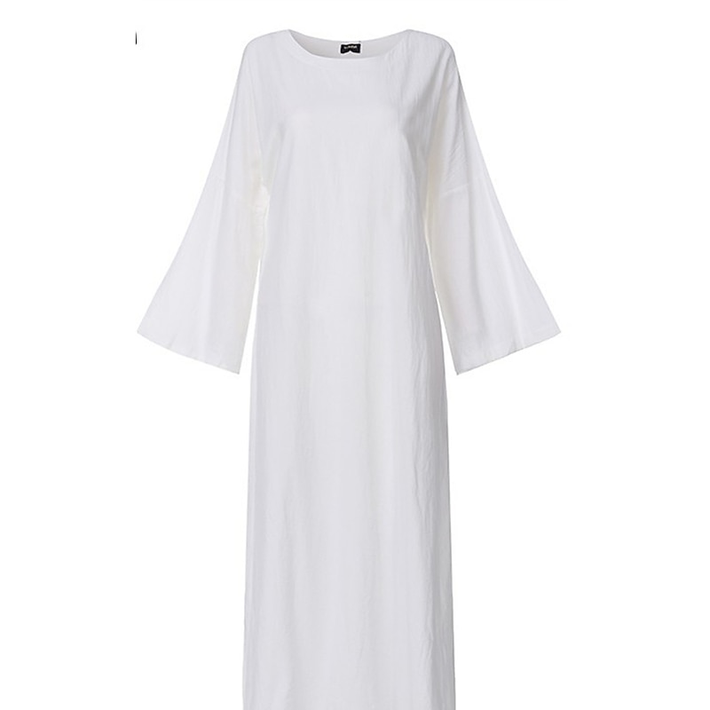 Women's White khaki Spring Fall Autumn Maxi Dress White Dress Casual Dress Cotton Summer Dress Basic Casual Outdoor Daily Loose Fit Pure Color Crew Neck2