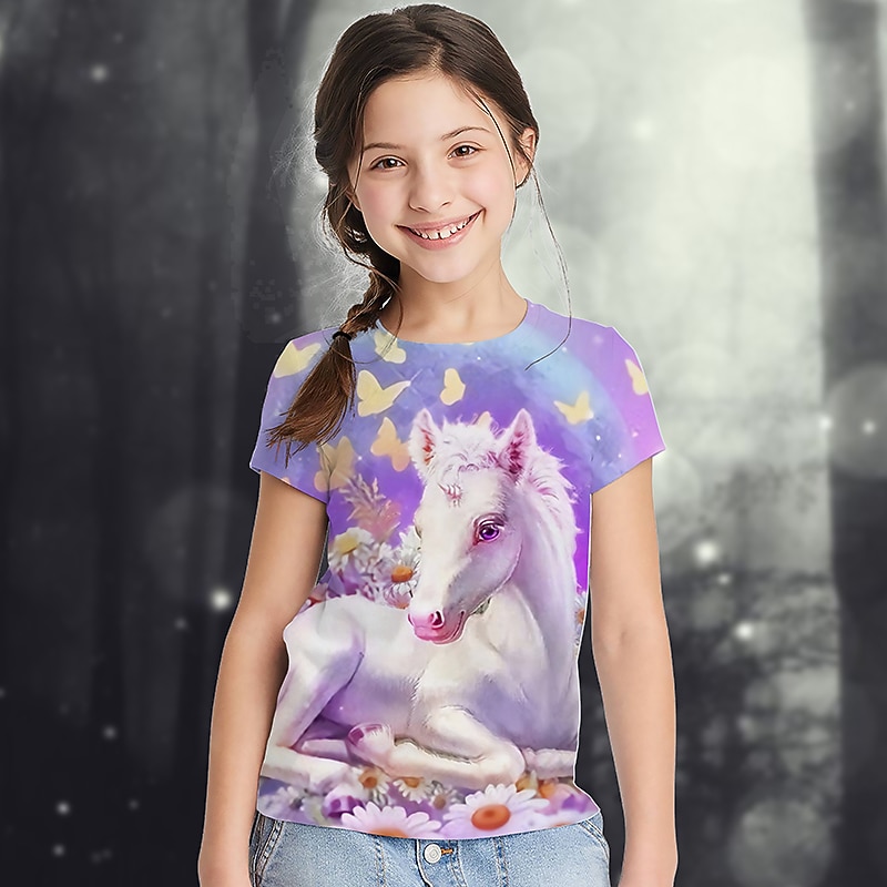 Girls' 3D Graphic Animal Rainbow T shirt Tee Short Sleeve 3D Print Summer Active Cute Kids 2-13 Years School4